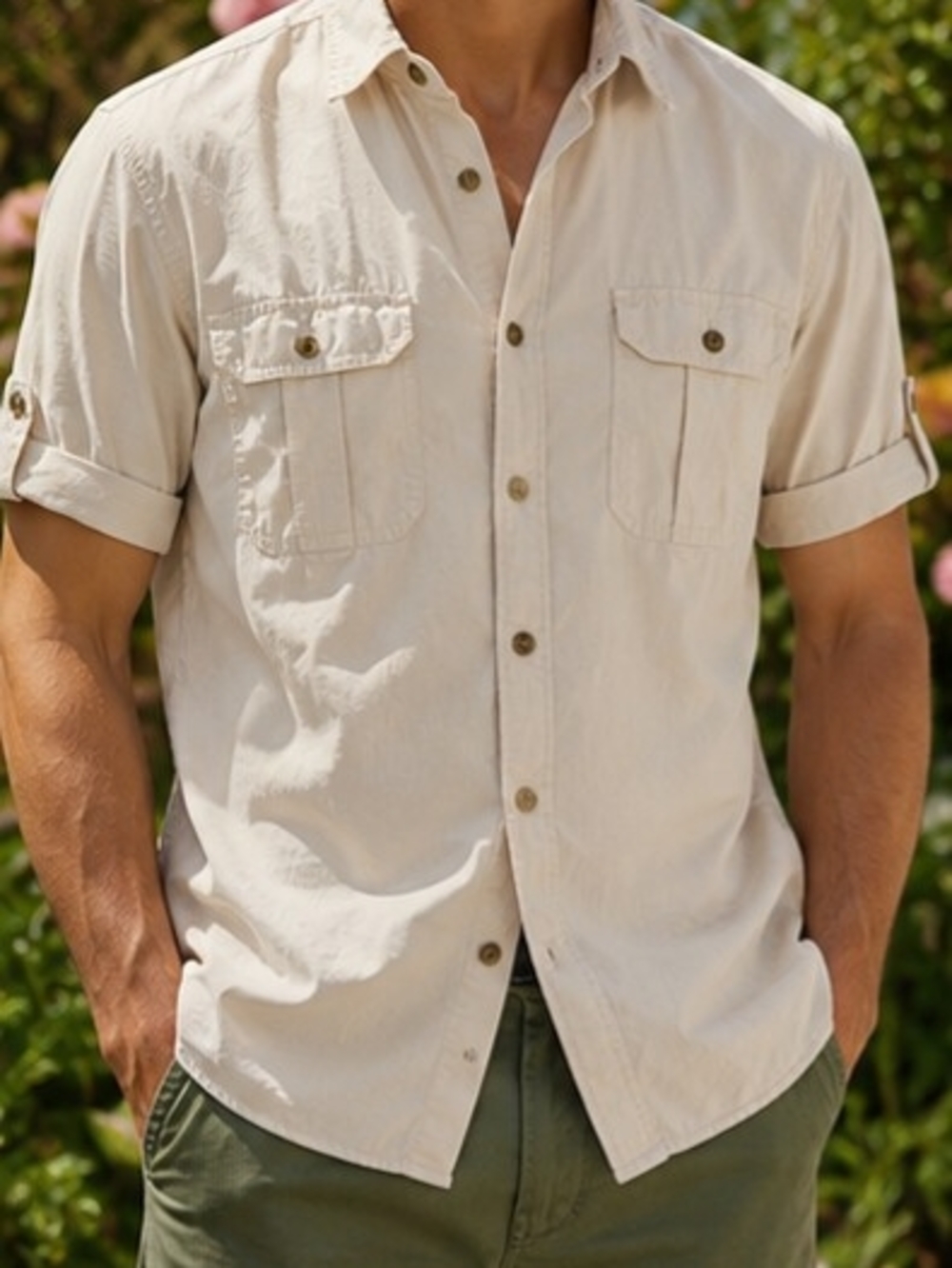 H&M L.O.G.G. Beige Fitted Utility Shirt Men’s L